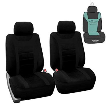 Imagem de FH Group Conjunto de capas de assento de carro de tecido esportivo, compatível com airbag e serve para encostos de cabeça destacáveis – ajuste universal para carros, caminhões e SUVs (preto) FB070102