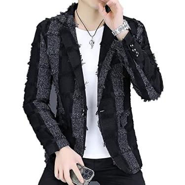 Imagem de Blazer masculino primavera slim fit terno jaquetas de pelúcia listrado um botão casamento jantar lapela casaco lavado uso diário para escritórios, cinza, GG (busto: 108 cm)