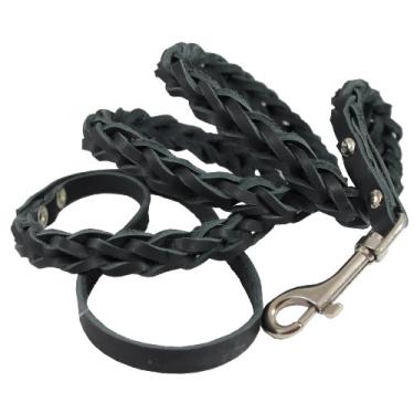 Imagem de Coleira para cães trançada de couro genuíno preto 114 cm longa trança quadrada de 4 tangas para raças médias