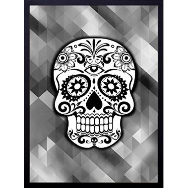 Imagem de Quadro Abstrato Caveira Mexicana Feliz Floral Decore Pronto Preto/ Branco 53x73cm