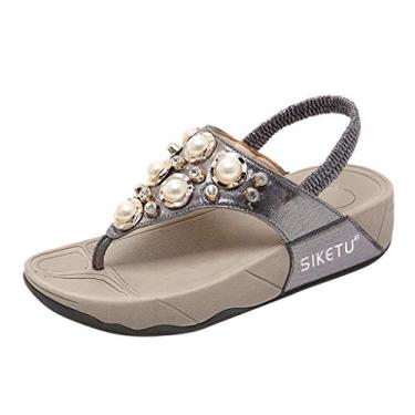 Imagem de Sandálias para mulheres meninas sandálias de cristal sapatos de verão praia aberta feminina sandálias planas moda feminina (cinza, 8)