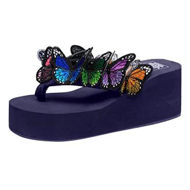 Imagem de Sandálias femininas de borboleta, floral, anabela, chinelos, sapatos de praia, chinelos, para mulheres, tamanho 11, Azul, 7.5