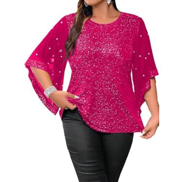 Imagem de MakeMeChic Camiseta feminina plus size glitter lantejoulas pérola gola redonda babado manga curta top, Rosa paetê, G Plus Size