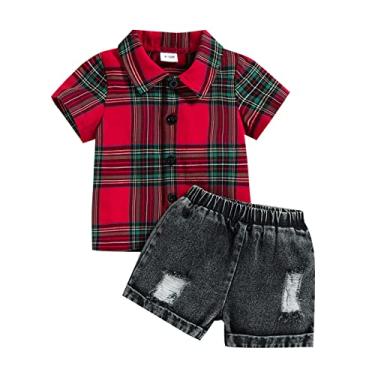 Imagem de Moletom feminino 7 8 verão xadrez algodão manga curta shorts roupas roupas bebê menino suspensórios roupa, Vermelho, 12-18 Months