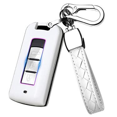 Imagem de HIBEYO Capa para chaveiro compatível com Mitsubishi Outlander Sport Eclipse Cross ASX Mirage RVR Lancer Fortis Ex Acessórios de carro ABS Smart Remote Auto Key Case com chaveiro (branco)