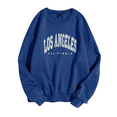 Imagem de Los Angeles California – Moletom vintage feminino com gola redonda, camisa solta de manga comprida Folgado Superdimensionado Sólido Tamanho Plus Top de capuz fecho K54-Azul escuro 3X-Large