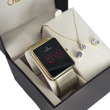 Imagem de Relogio Champion Feminino Digital Dourado Kit Colar Brincos