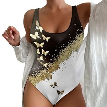 Imagem de Maiô feminino monoquíni plus size, peça única, controle de barriga, cintura alta, biquíni de praia atrevido, Dourado, G