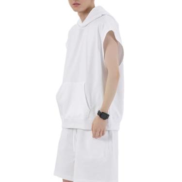 Imagem de Qingyee Camiseta casual com capuz, moletom com capuz solto sem mangas, tops de algodão grandes., Cinza de aveia com capuz, P