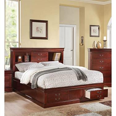 Imagem de Cômoda grande de madeira com acabamento cerejeira, mesa de cabeceira, moldura de cama com espelho de armazenamento, decoração para quarto de casa (cama queen size com armazenamento) (cama queen size
