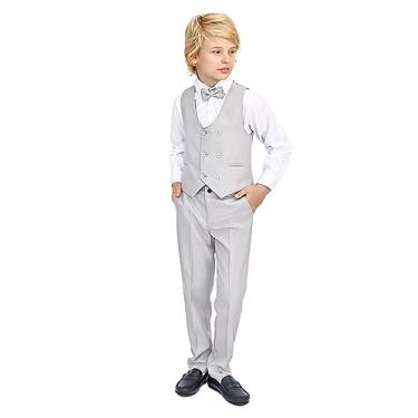 Imagem de Lilax Conjunto de terno infantil e para meninos, colete formal, camisa branca, calça social e gravata borboleta, conjunto de terno de 4 peças, Cinza claro, 7 anos