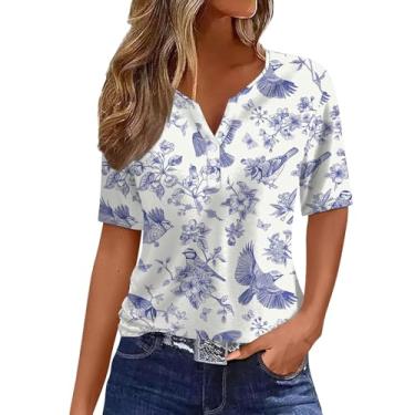 Imagem de Camiseta feminina de verão 2024 Henley gola V estampa floral solta casual camiseta manga curta blusas modernas para sair, Prata, M