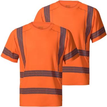 Imagem de ProtectX Camiseta de segurança refletiva de manga curta de alta visibilidade, masculina, resistente, respirável, alta visibilidade, classe 2 tipo R, Pacote com 2 elásticos laranja, G