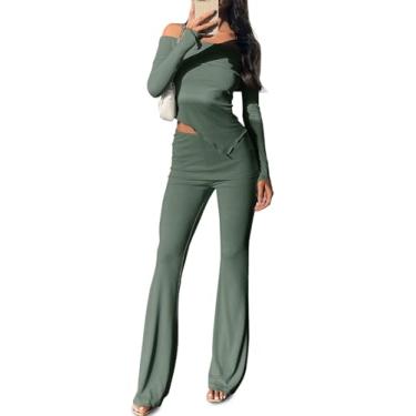 Imagem de Cicy Bell Conjunto feminino de manga comprida, ombro de fora, assimétrico, calça flare dobrável, Verde militar, G