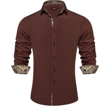 Imagem de DiBanGu Camisa casual masculina de manga comprida com botões e colarinho de ajuste regular, Marrom café, P