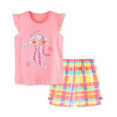 Imagem de HILEELANG Conjunto de roupas infantis para meninas, verão, Páscoa, tops de algodão, shorts, Gst2404#água-viva rosa, 4 T