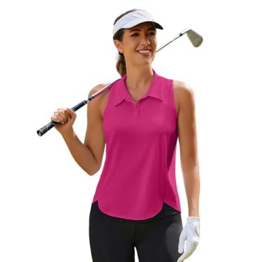 Imagem de PINSPARK Camiseta feminina de golfe FPS 50+ sem mangas, gola V, regata atlética com gola em V e costas nadador, Rosa choque, XXG