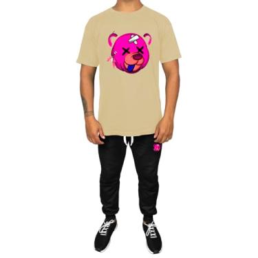 Imagem de Kit Conjunto Masculino Camiseta Algodão e Calça Moletom Casual Estampado Urso Rosa (Bege, G)