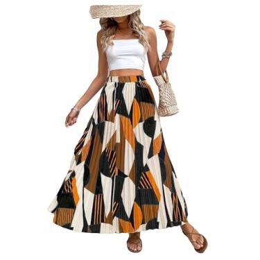 Imagem de OYOANGLE Saia feminina Boho Geo Print cintura alta rodada plissada saia de férias, Preto, laranja, G
