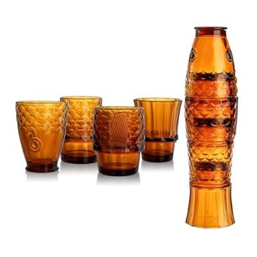 Imagem de DDMDBYHRY Copos de vidro empilháveis à moda antiga, conjunto de 4 copos de design de peixe, conjunto de copos estéticos de peixe Koi, copos âmbar, 250 ml x 4 peças
