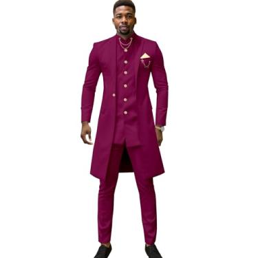 Imagem de Terno masculino slim fit com corrente de peito único blazer calça 3 peças roupa de casamento de linho roupas africanas, Roxa, Small