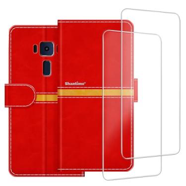 Imagem de ESACMOT Capa de celular compatível com Asus Zenfone 3 Deluxe ZS570KL + [pacote com 2] película protetora de tela de vidro, capa protetora magnética de couro premium (14.5 cm) vermelha