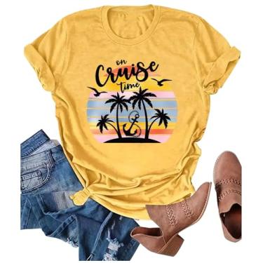 Imagem de Camisetas femininas On Cruise Time com estampa de palmeiras e praia, verão, festa na praia, férias, camiseta de manga curta, Amarelo, P