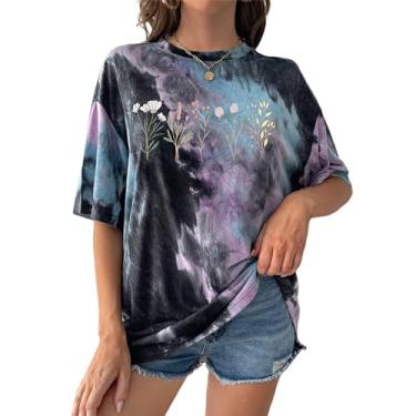 Imagem de SOFIA'S CHOICE Camisetas femininas grandes tie dye gola redonda manga curta casual verão, Grama preta roxa F, P