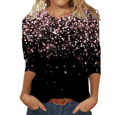 Imagem de Camiseta feminina de verão com manga 3/4, gola redonda, moderna, 2024, estampada, macia, para uso diário, túnica solta, Bronze, 3G