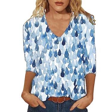 Imagem de Camiseta casual de manga 3/4 para mulheres, outono, verão, moderno, retrô, estampa de flores silvestres, pulôver, blusas, confortáveis e soltas, Z3 - azul celeste, 4G