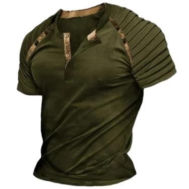 Imagem de Camiseta masculina casual primavera verão manga curta plissado gola Henley patchwork listrada, Dx-4 En8, GG