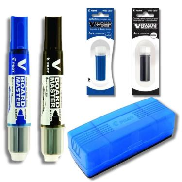 Imagem de Kit 2 Marcadores Quadro Branco + 2 Refil Marcadores + Apagador De Quadro Branco Pilot Azul E Preto