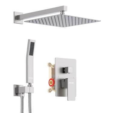 Imagem de KOJOX — Sistema de chuveiro preto fosco com cabeça de chuva de alta pressão, cabeça de chuveiro de mão, conjunto combo de chuveiro de chuveiro de luxo para banheiro, torneira de chuveiro montada na parede, kit de válvula e acabamento áspero, 12 Inch, Brushed Nickel