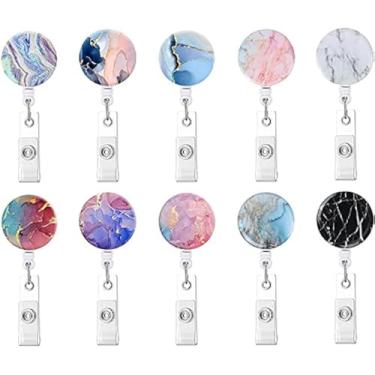 Imagem de Porta-crachá retrátil, molinete de crachá de enfermagem, porta-cartões de identificação com clipe de crachá (10 unidades de mármore bonito)