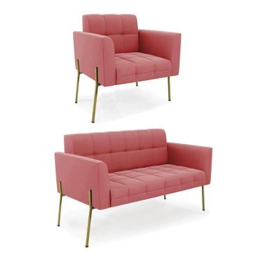 Imagem de Sofá Namoradeira E Poltrona Pé De Ferro Dourado Elisa Suede D03 - D`rossi Cor Rose