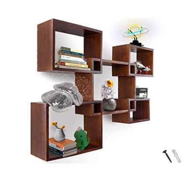 Imagem de Prateleiras flutuantes quadradas modernas montadas na parede – Conjunto de 5 prateleiras quadradas para banheiro, quarto, sala de estar e mais – Parafusos e âncoras incluídos – Exibição de decoração de parede rústica para casa – marrom