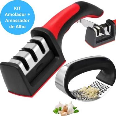 Imagem de Super KIT Amassador de Alho Em Aço Inox + Amolador de facas - Original