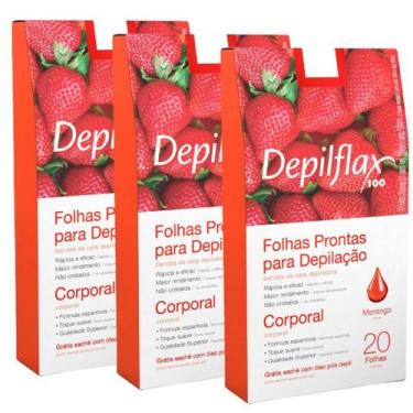 Imagem de Kit Depilflax Pack 3 Caixas Folhas Morango Depilação 20 Un