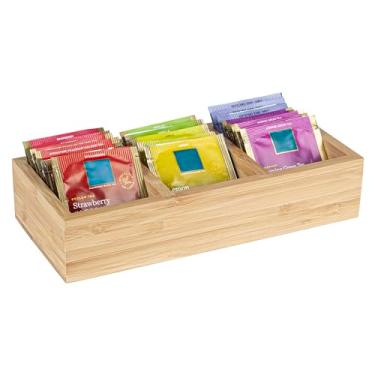 Imagem de Organizador de condimentos de café de 24 x 10 x 5 cm, 1 organizador retangular para creme – 3 compartimentos, resistente a quebras, acessório de café de bambu natural, resistente a lascas, para pacotes de chá e açúcar