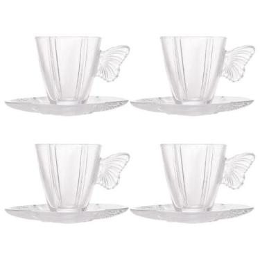 Imagem de Conjunto 4 Xícaras + 4 Pires de Vidro 80ml - Alça de Borboleta - Decor