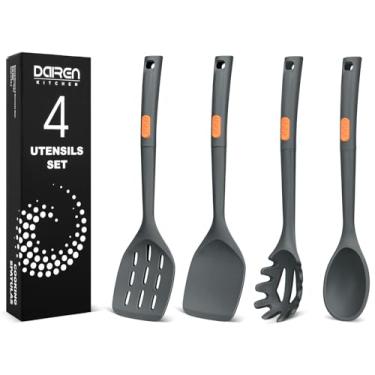 Imagem de Espátulas de silicone e colheres de espaguete, pacote com 4, conjunto completo de utensílios de cozinha resistentes ao calor, colheres de espátula de cozinha grandes antiaderentes para cozinhar