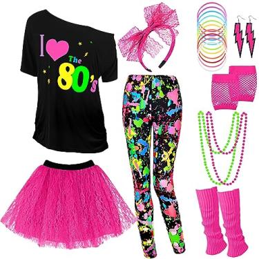 Imagem de Vabean Conjunto de 19 peças, fantasia dos anos 80, leggings, saia tutu, faixa de cabeça, colar, pulseiras, brincos, luvas, polainas femininas, Leggings coloridas, Large