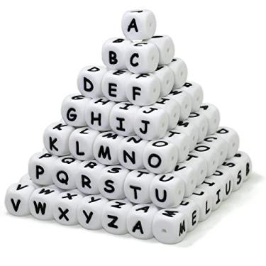 Imagem de Melius 110 pçs contas de silicone letra 12 mm A-Z (extra para carta de vogal) contas de letras quadradas uniformes e precisas para pulseira Stethers chaveiros colar cordões (branco)