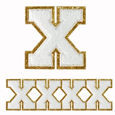 Imagem de 4 peças de remendos de letras, remendos dourados de glitter e chenill branco, adesivos decorativos bordados costurados personalizados para reparo de roupas, chapéus, camisas, sapatos, jeans, bolsas,