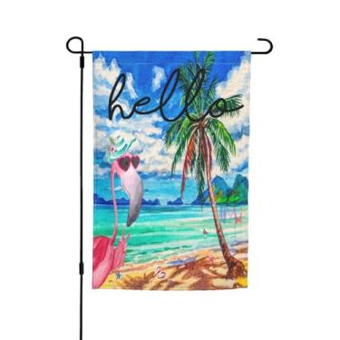 Imagem de Bandeira Hello Flamingo Graden 30,5 x 45,7 cm ao ar livre primavera verão palmeira decoração quintal jardim bandeiras de parede para decoração de banner externo festa em casa