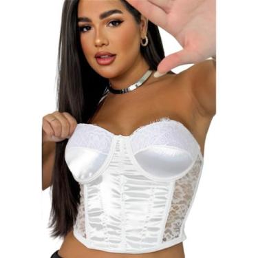 Imagem de Blusa Cropped sem alça Corselet Acetinado Renda Sensual - NoBrand, Bra