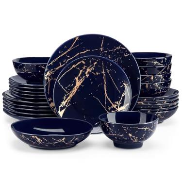 Imagem de LOVECASA Conjuntos de pratos e tigelas para 6, 24 peças de louça de porcelana, azul escuro e dourado, conjunto de louças douradas, pode ir à máquina de lavar louça no micro-ondas