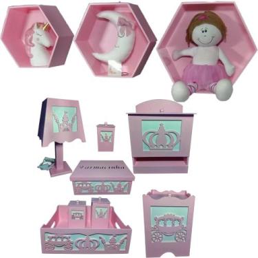 Imagem de Kit Higiene bebê mdf 8 pçs + 3 Nichos Rosa - PRINCESA ROSA (Pronta Ent