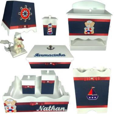 Imagem de Kit Higiene bebê Mdf menino 8 pçs - URSO MARINHEIRO AZUL MARINHO - Flo