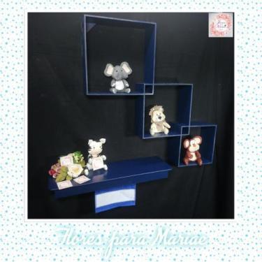 Imagem de Kit Nichos Diagonal + Prateleira com Varão MDF - Azul Marinho - Flores